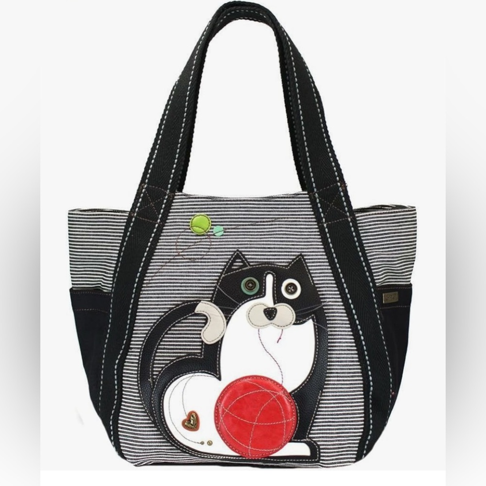 Chala Black and White stripped Canvas Fat Cat Carryall Zip Tote Bag